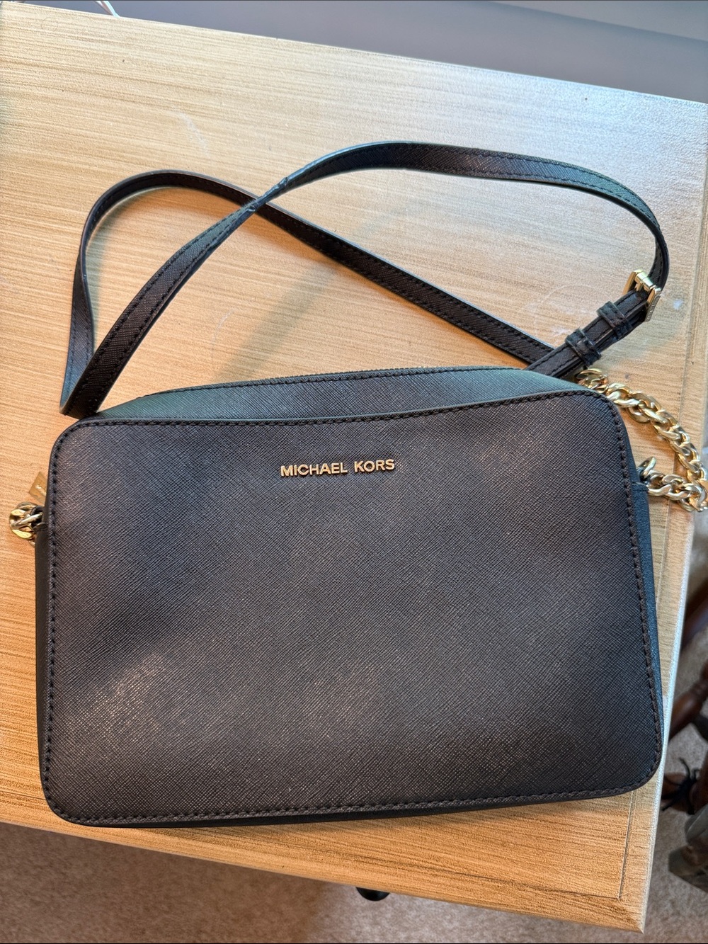 Michael Kors Black Saffiano Leather Crossbody with Gold Chain Trim